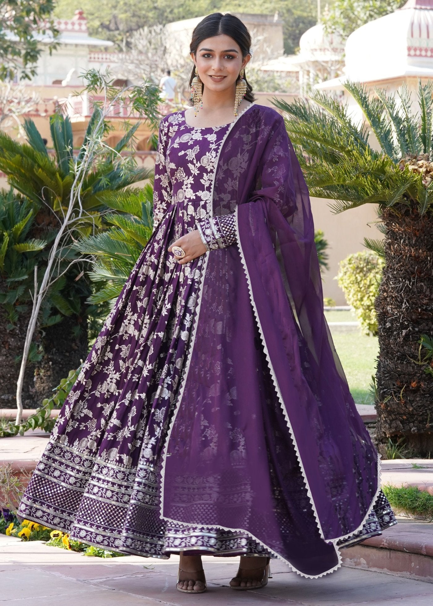 Women Woven, Embroidered Art Silk Stitched Anarkali Gown With Dupatta