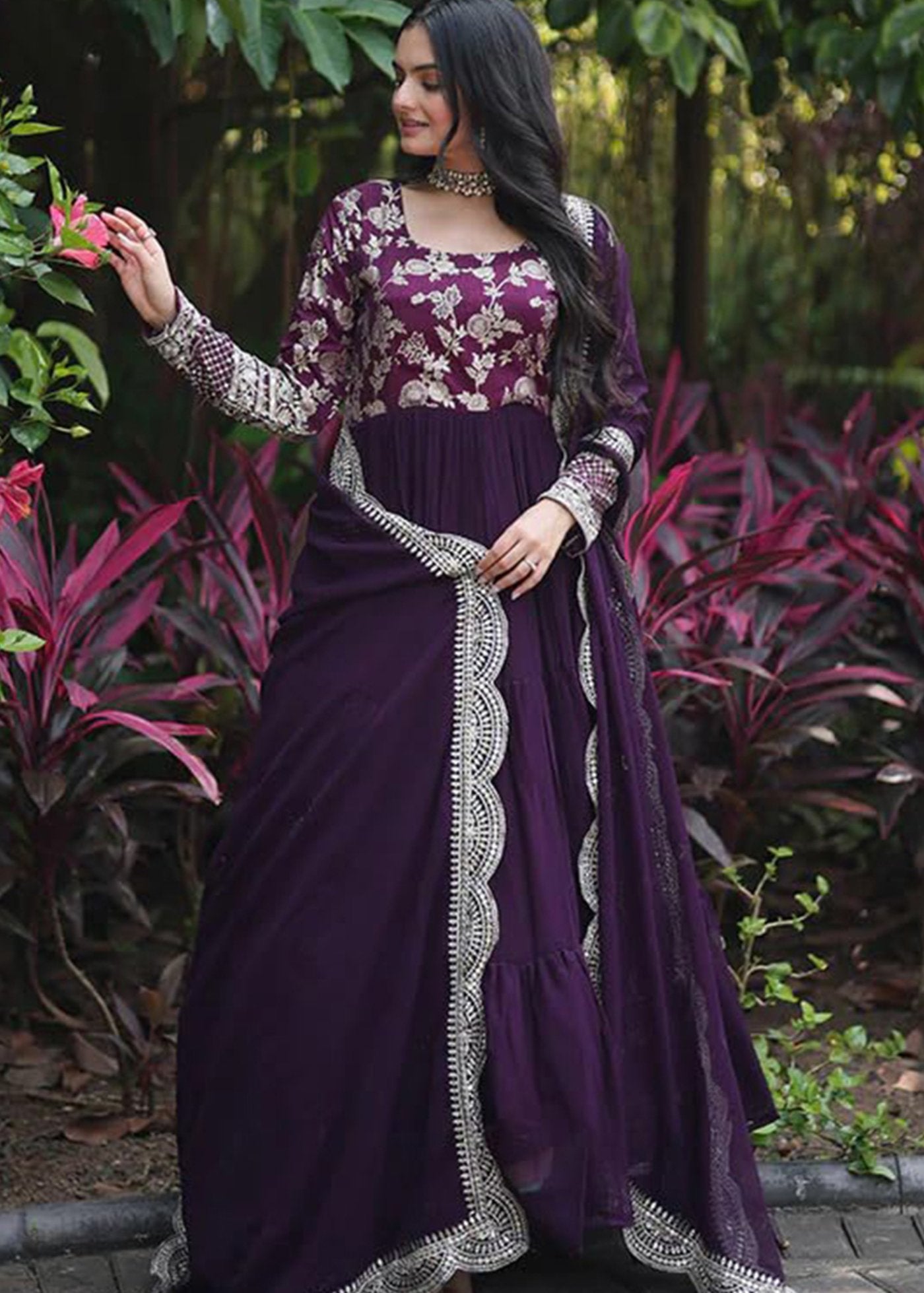 Woven Embroidered Georgette Art Silk Stitched Anarkali Gown