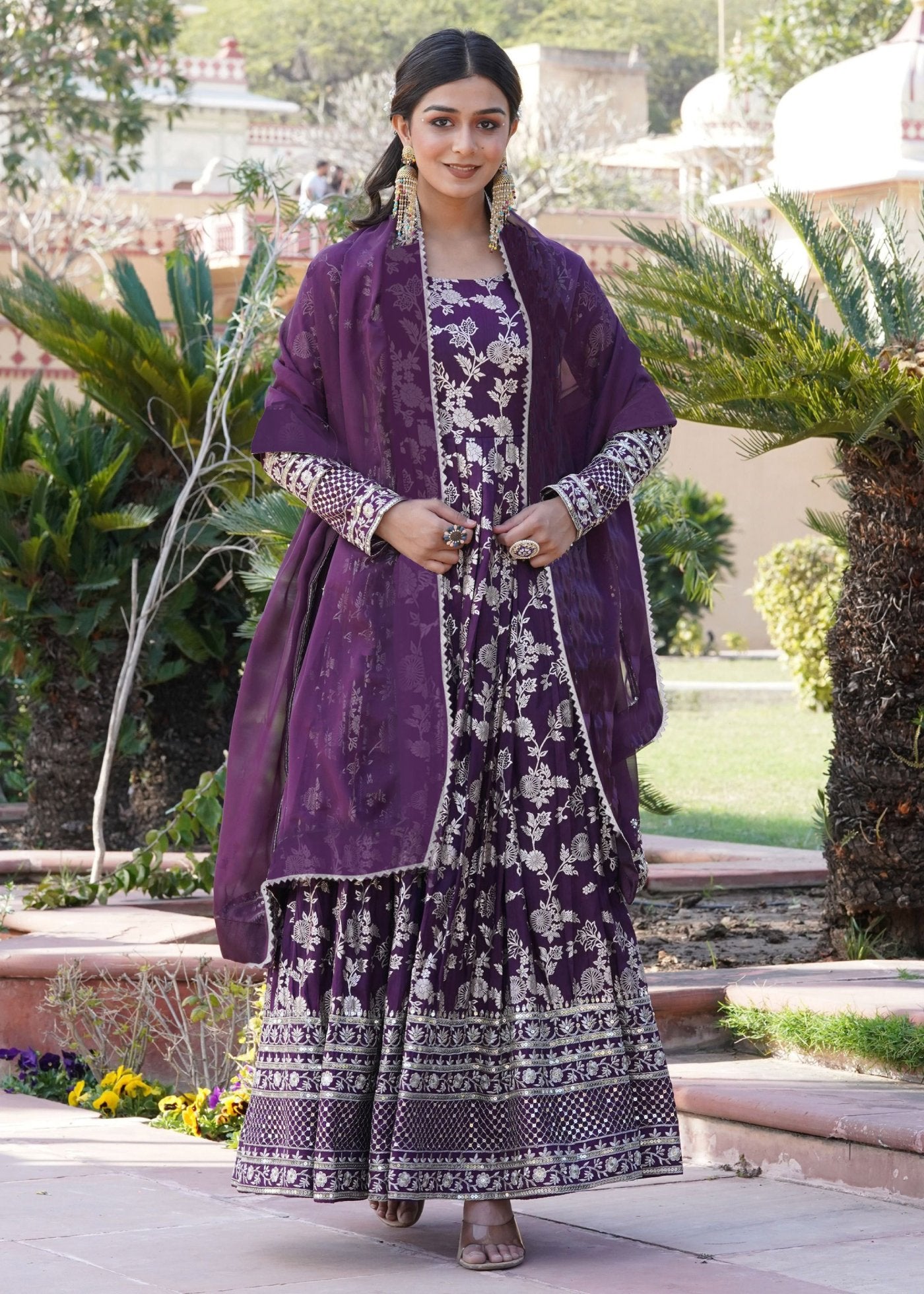 Women Woven, Embroidered Art Silk Stitched Anarkali Gown With Dupatta