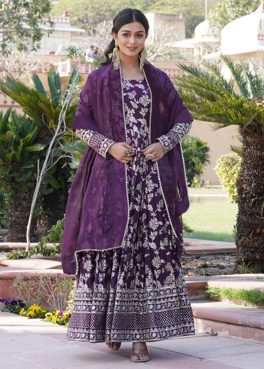 Women Woven, Embroidered Art Silk Stitched Anarkali Gown With Dupatta