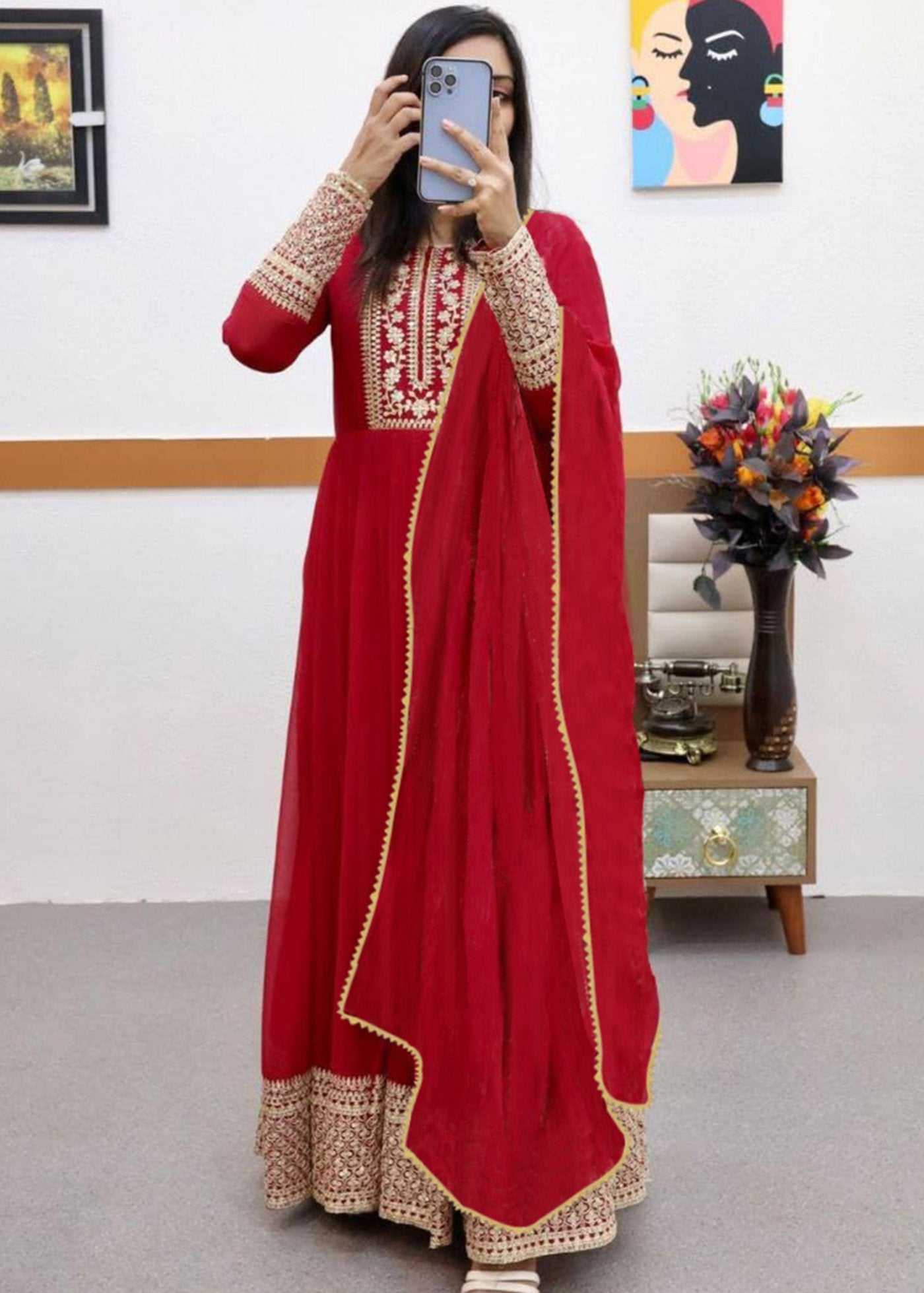 Embroidered Georgette Stitched Anarkali Gown With Dupatta