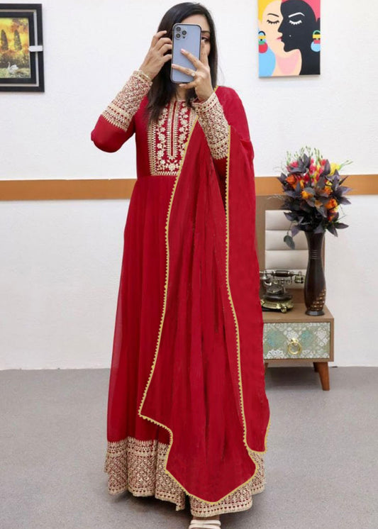 Embroidered Georgette Stitched Anarkali Gown With Dupatta