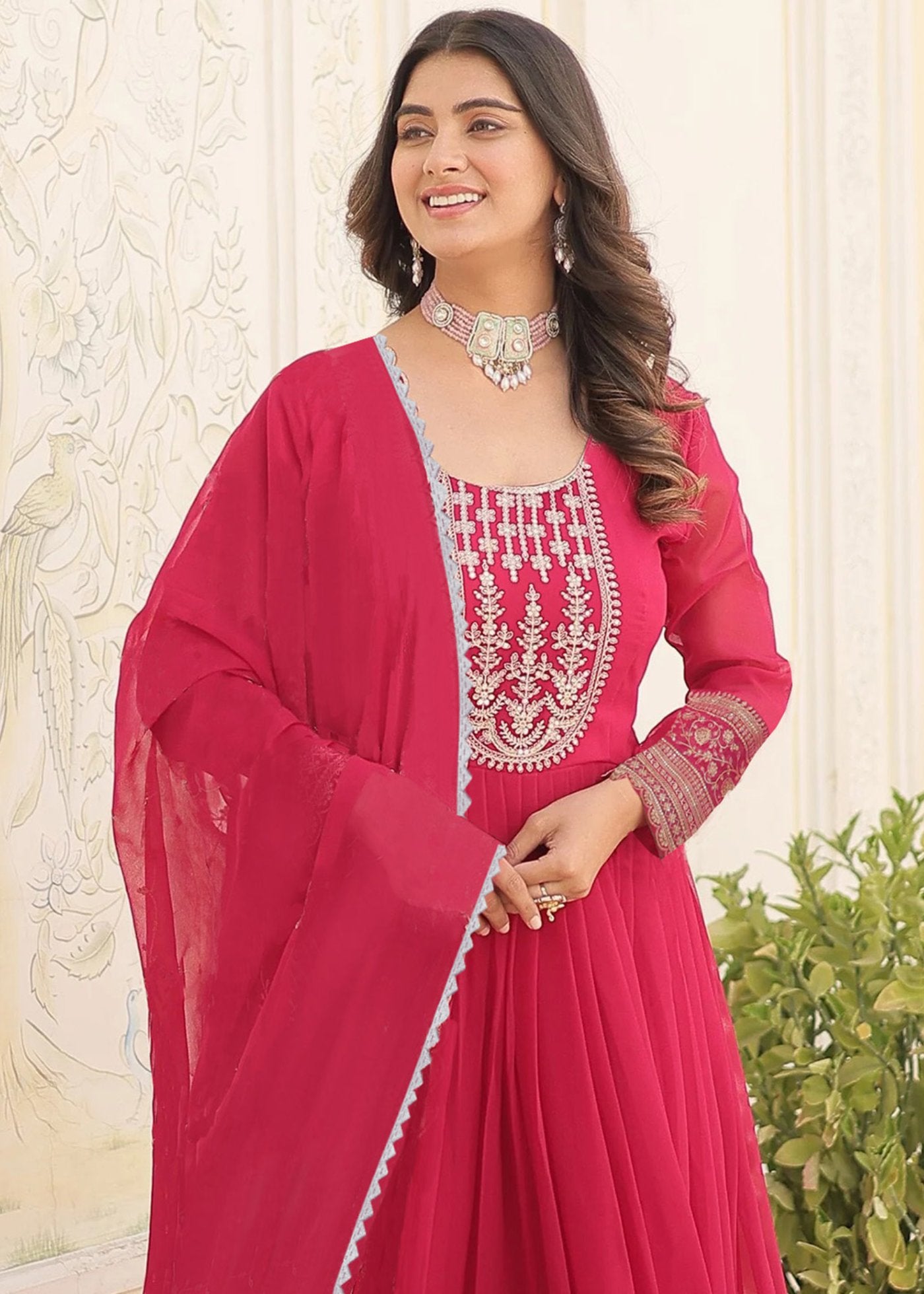 Embroidered Georgette Stitched Anarkali Gown With Dupatta