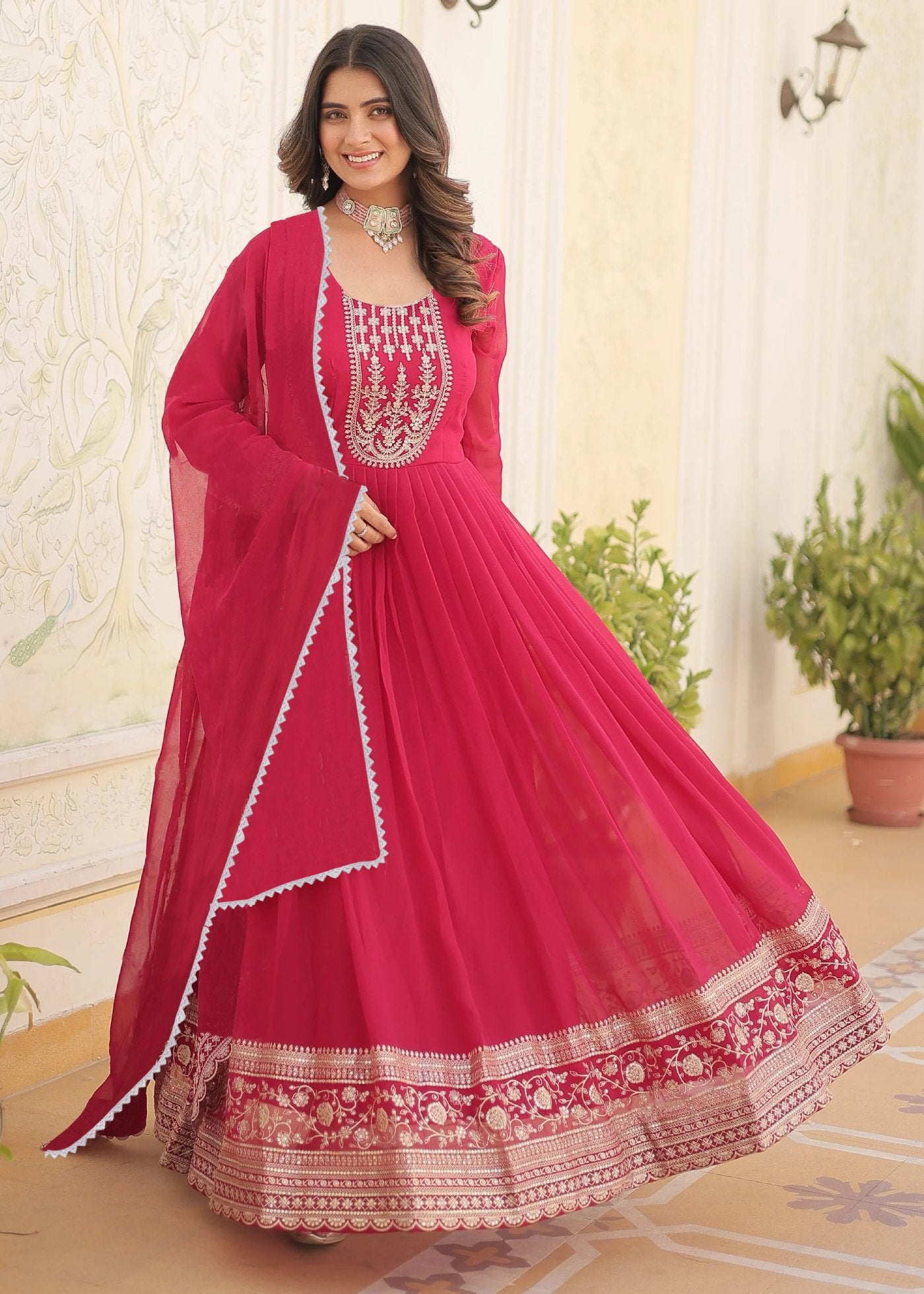 Embroidered Georgette Stitched Anarkali Gown With Dupatta