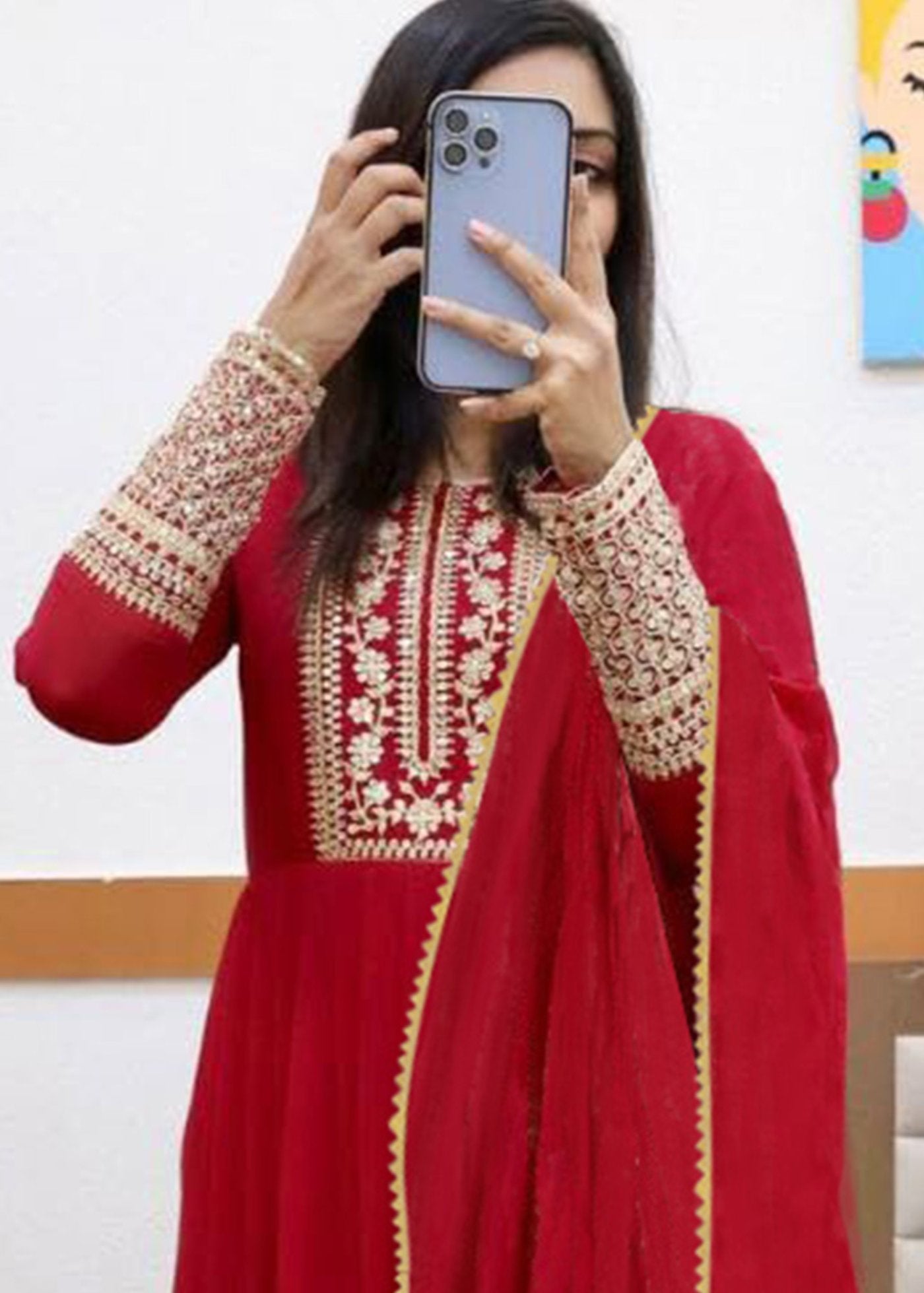 Embroidered Georgette Stitched Anarkali Gown With Dupatta