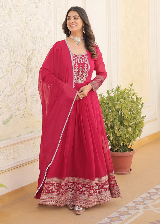 Embroidered Georgette Stitched Anarkali Gown With Dupatta