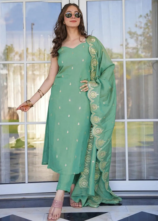 Women Silk  Light Green Kurta Pant Dupatta Set