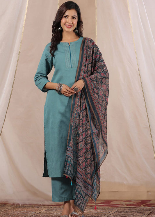 Women Silk  SkyBlue Kurta Pant Dupatta Set