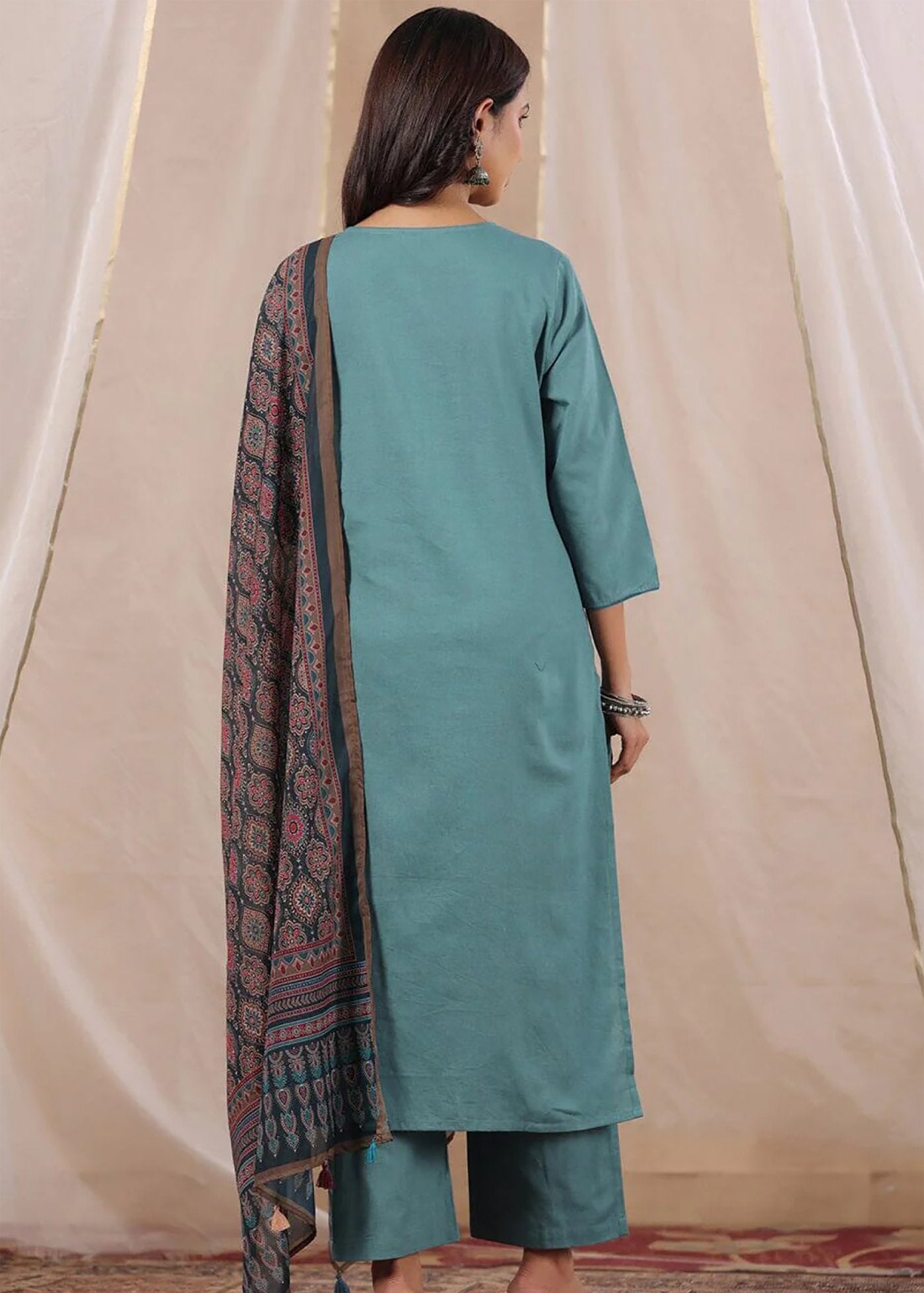 Women Silk  SkyBlue Kurta Pant Dupatta Set