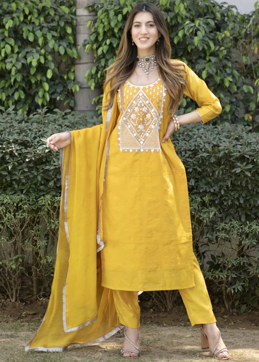 Women Silk Yellow Kurta Pant Dupatta Set