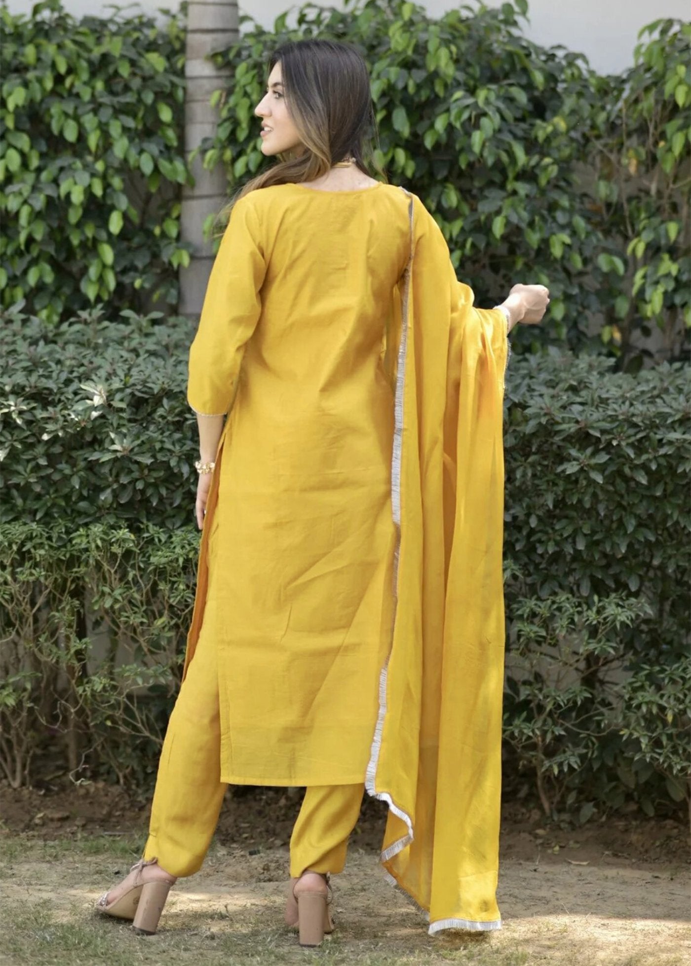 Women Silk Yellow Kurta Pant Dupatta Set