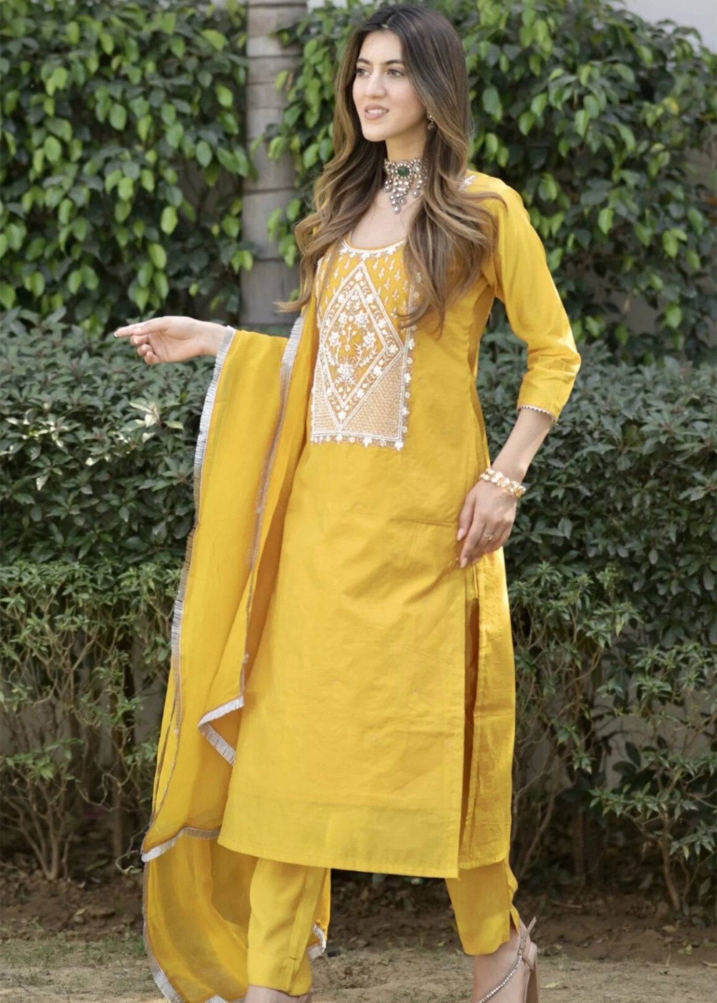 Women Silk Yellow Kurta Pant Dupatta Set