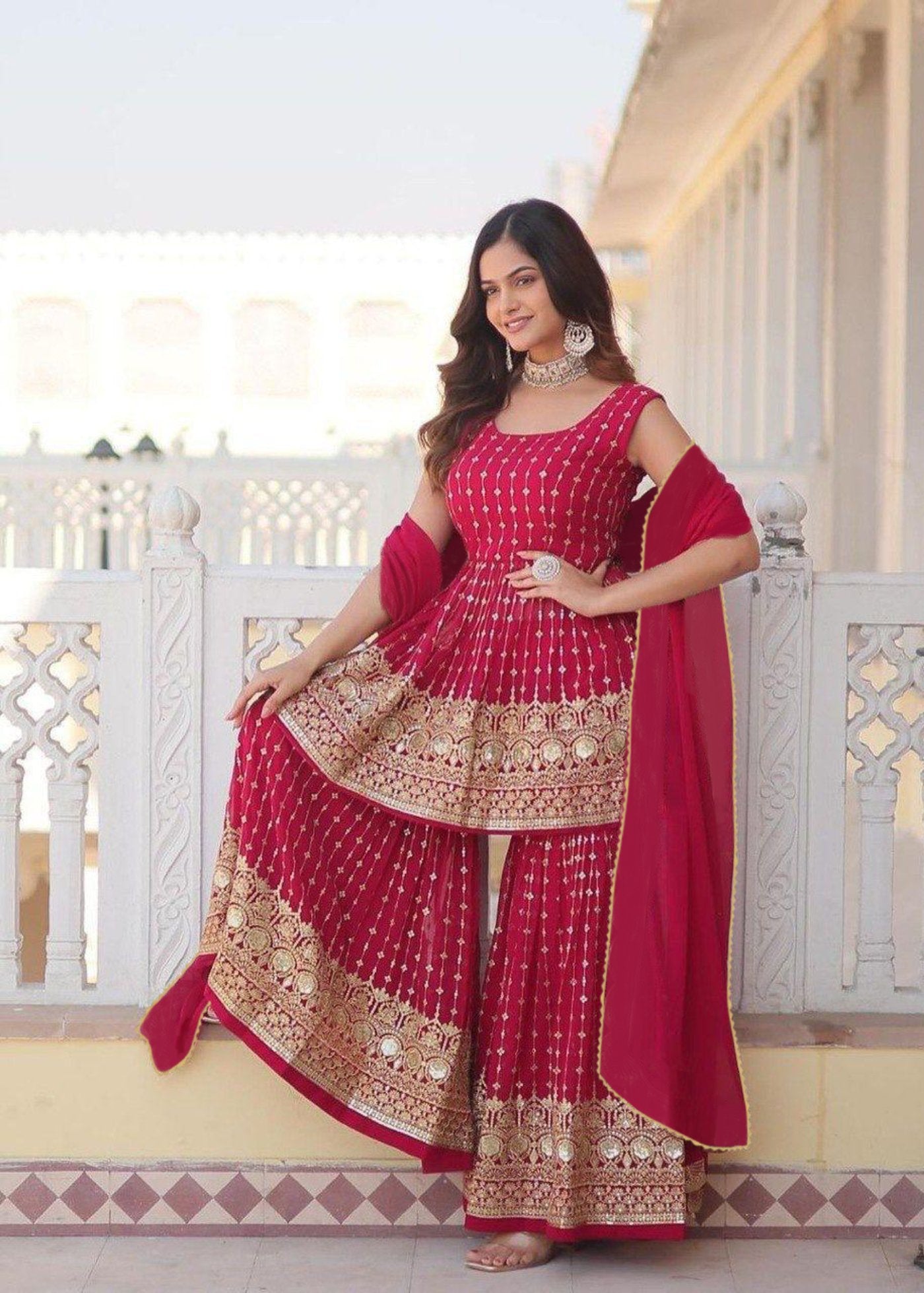Women Georgette Sharara Dupatta Set