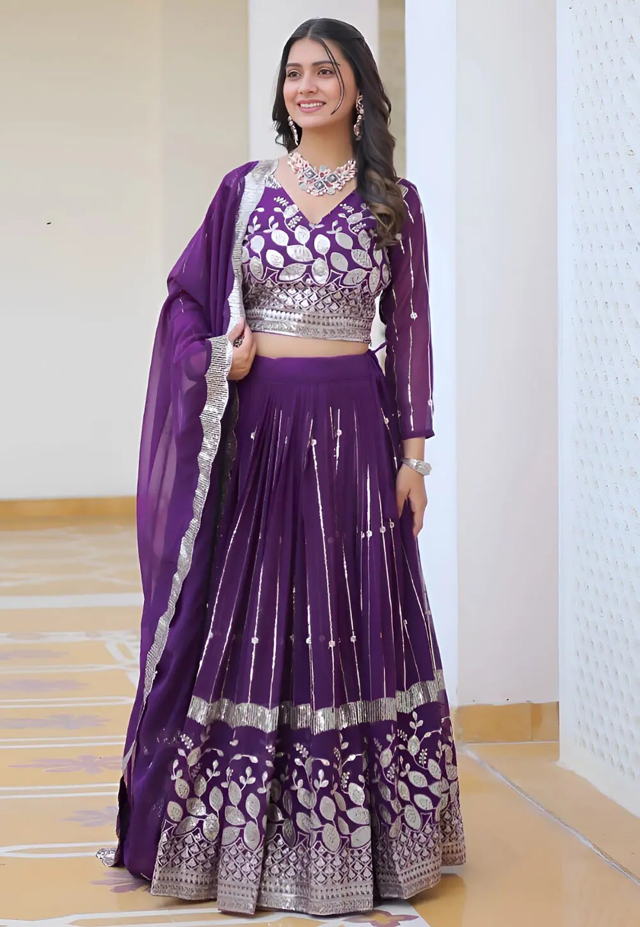 Embroidered, Embellished Semi Stitched Lehenga Choli  (Purple)