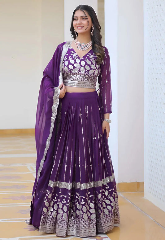 Embroidered, Embellished Semi Stitched Lehenga Choli  (Purple)