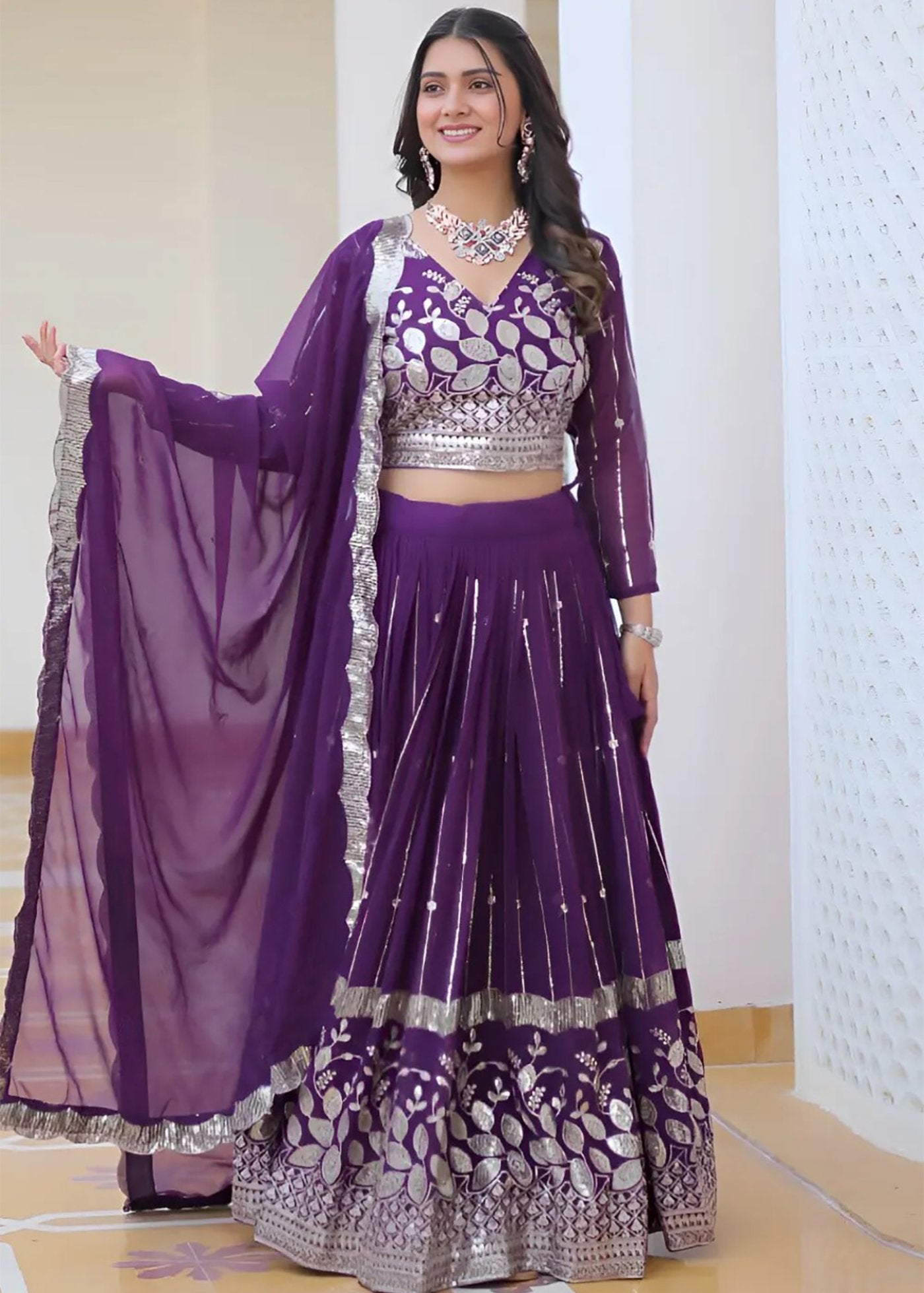 Embroidered, Embellished Semi Stitched Lehenga Choli  (Purple)
