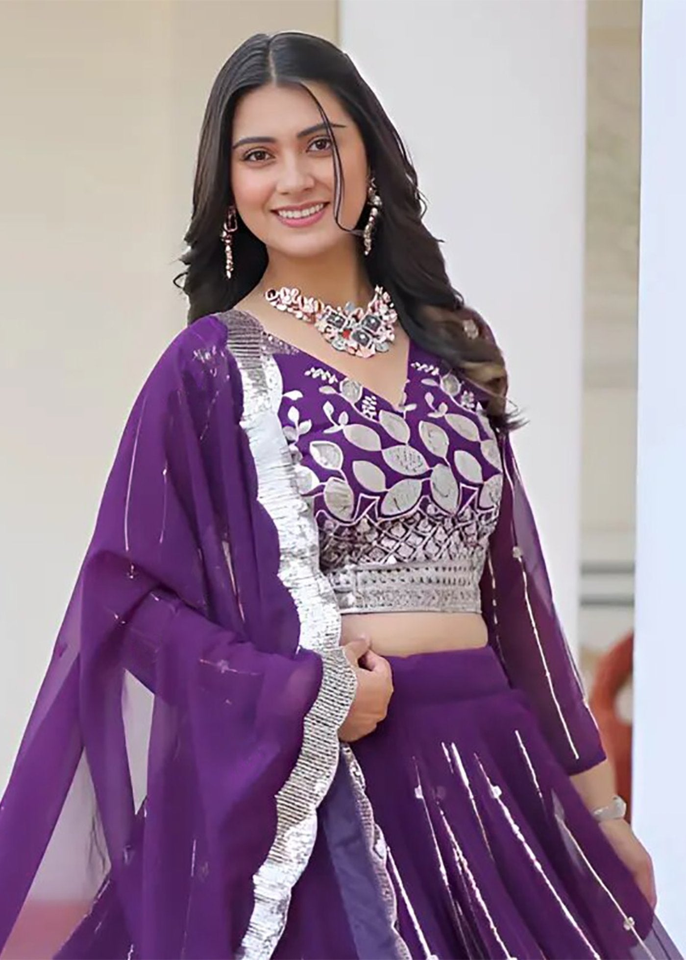 Embroidered, Embellished Semi Stitched Lehenga Choli  (Purple)