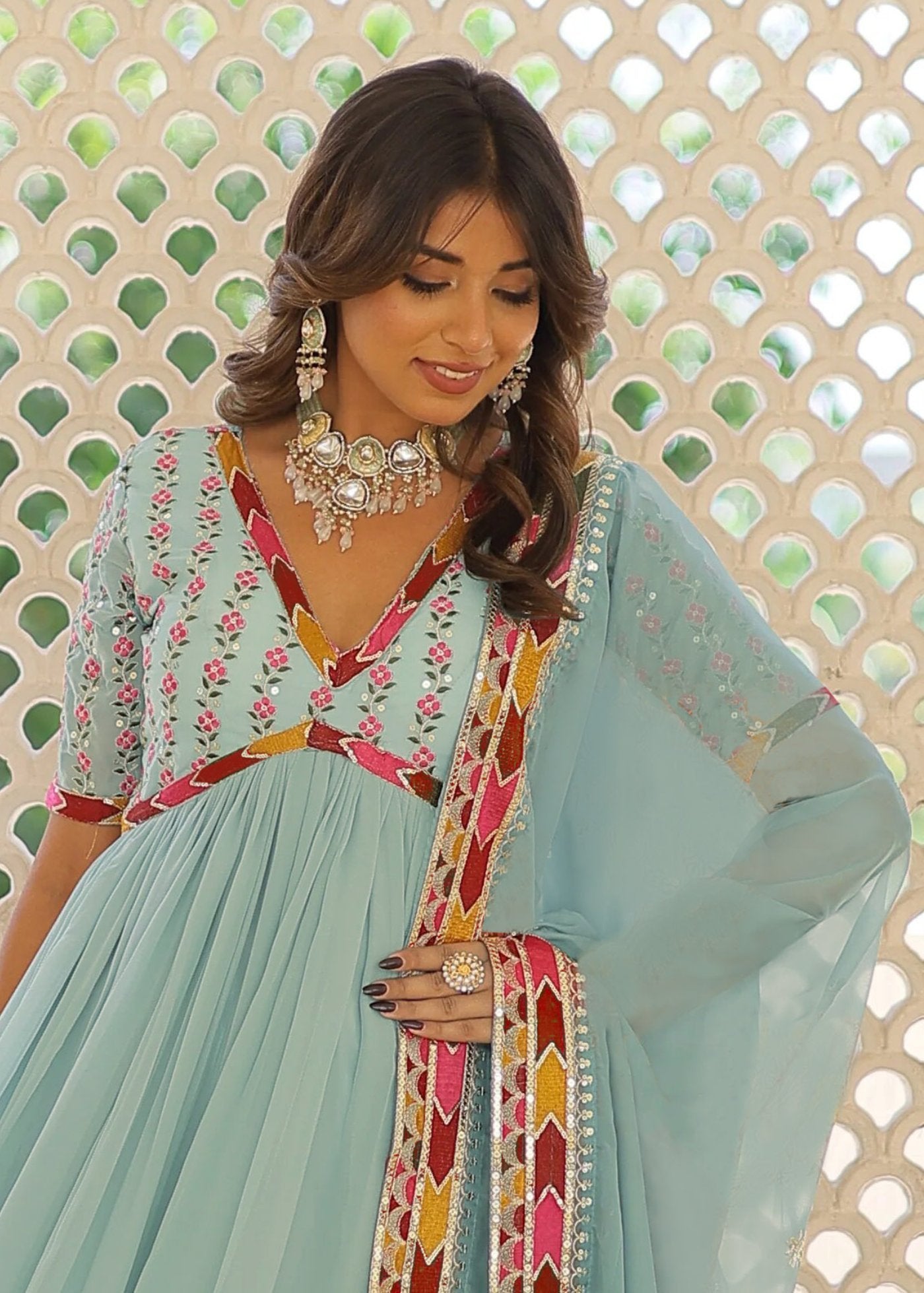 Embroidered Georgette Stitched Anarkali Hiramandi Gown