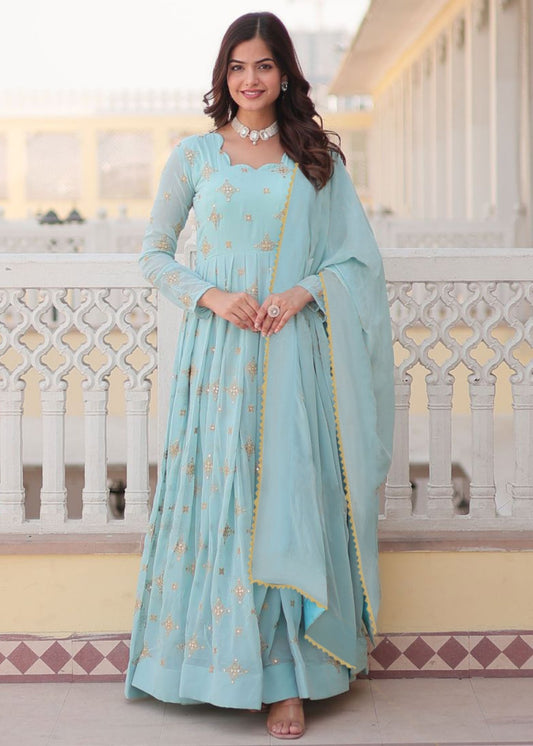 Embroidered Georgette Stitched Anarkali Gown With Dupatta