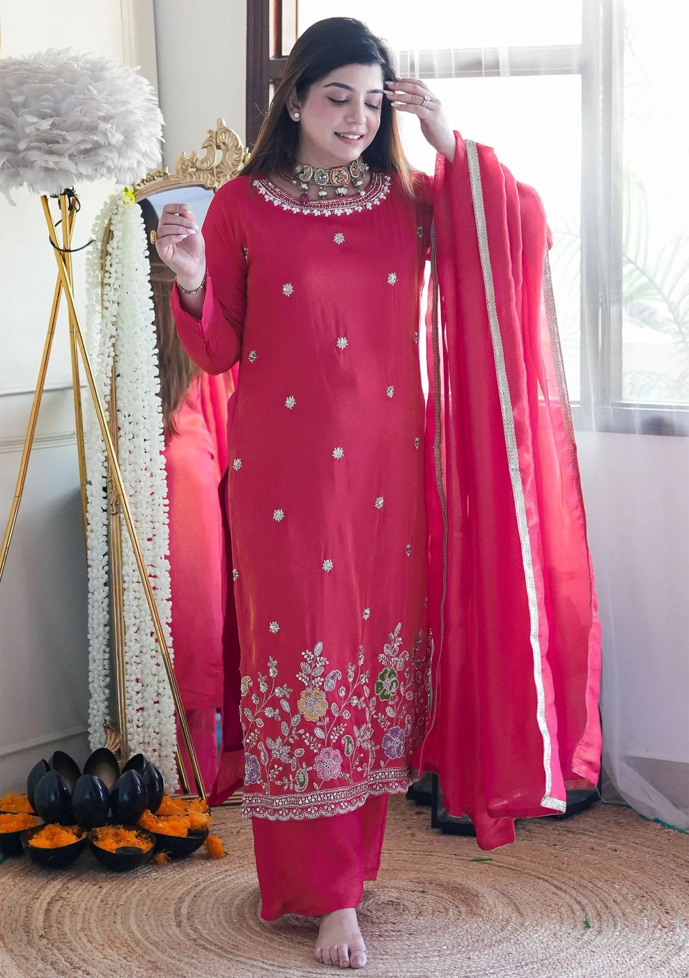 Women Silk  Kurta Pant Dupatta Set