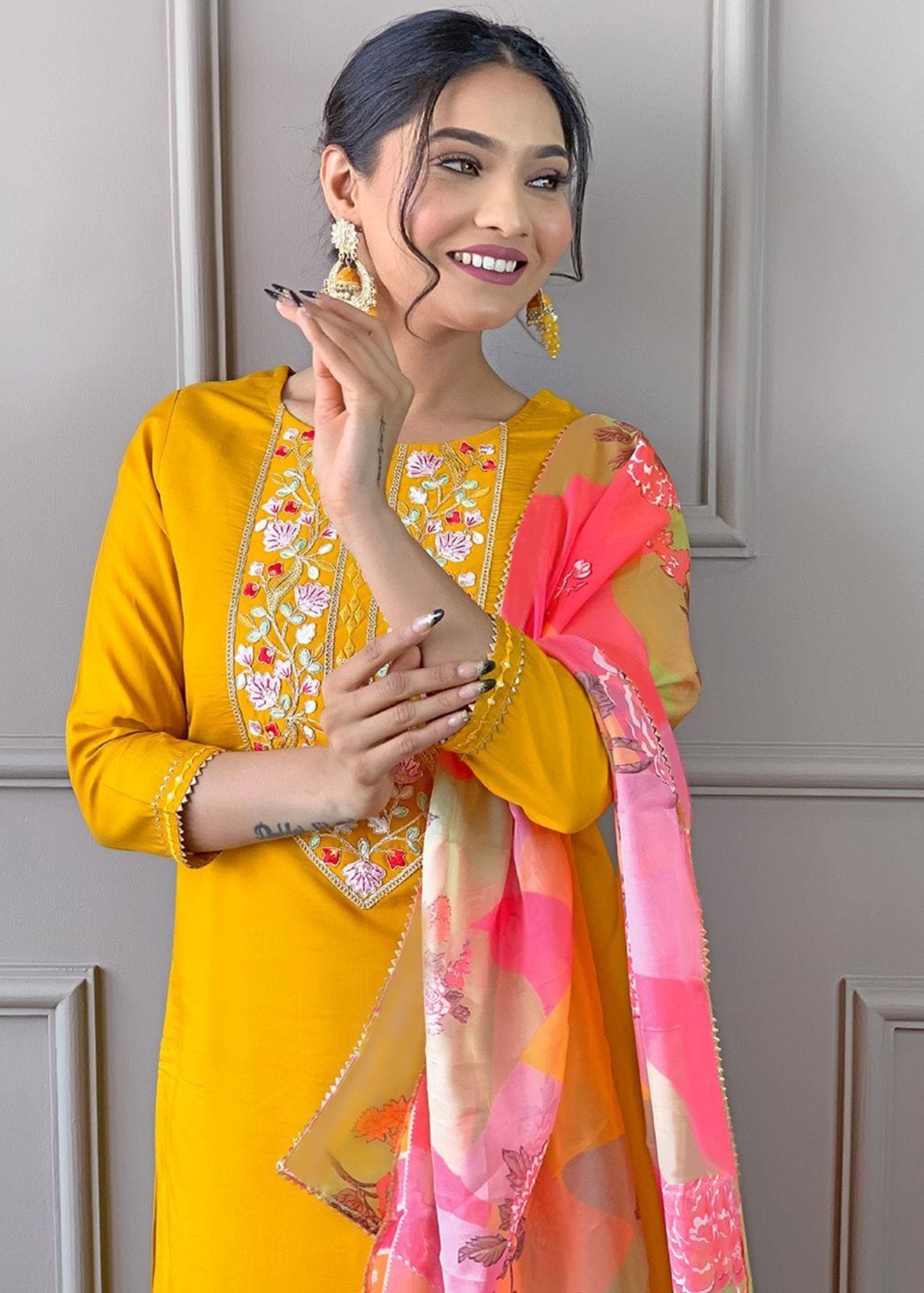 Women Silk Begum Kurta Pant Dupatta Set