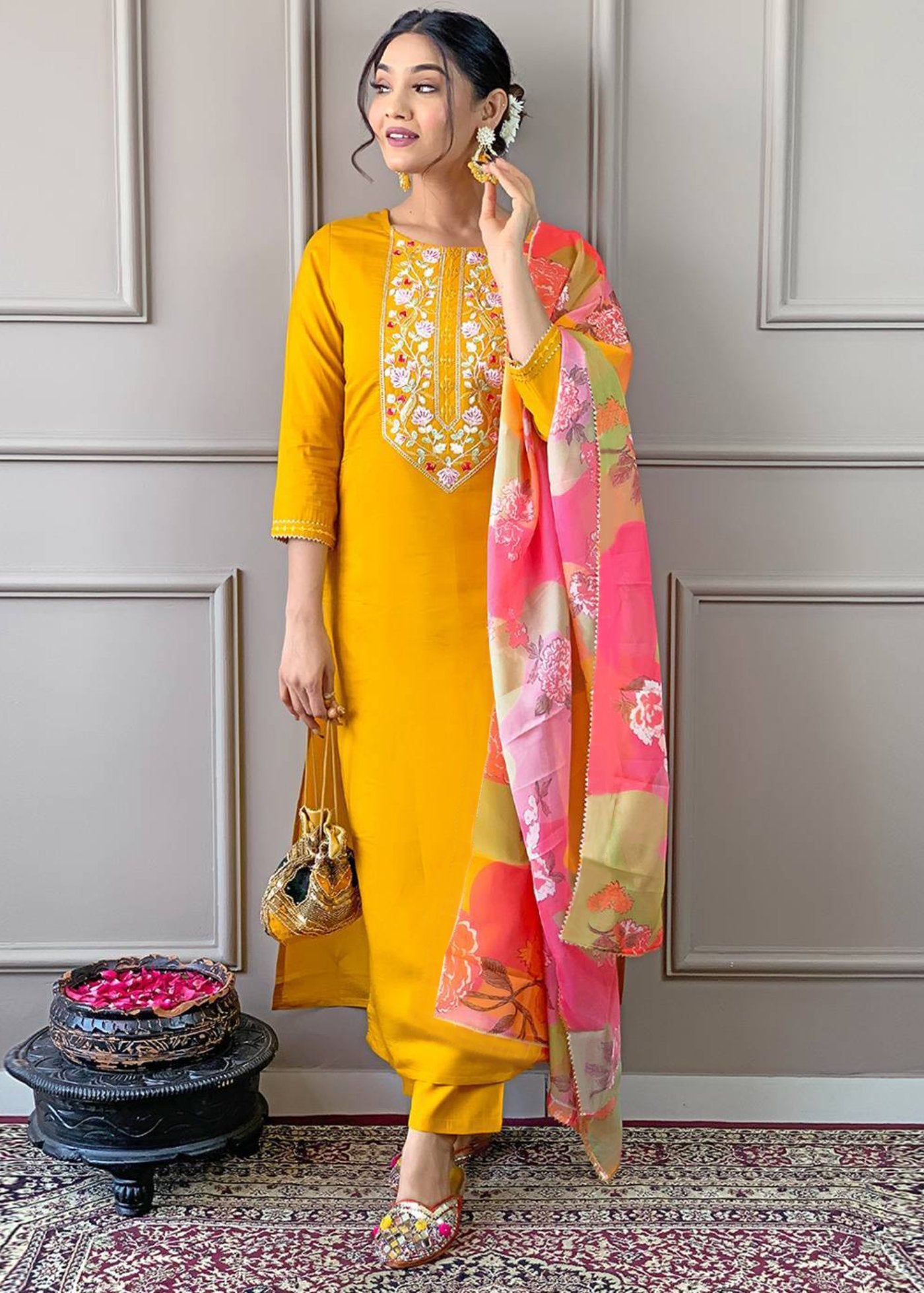 Women Silk Begum Kurta Pant Dupatta Set