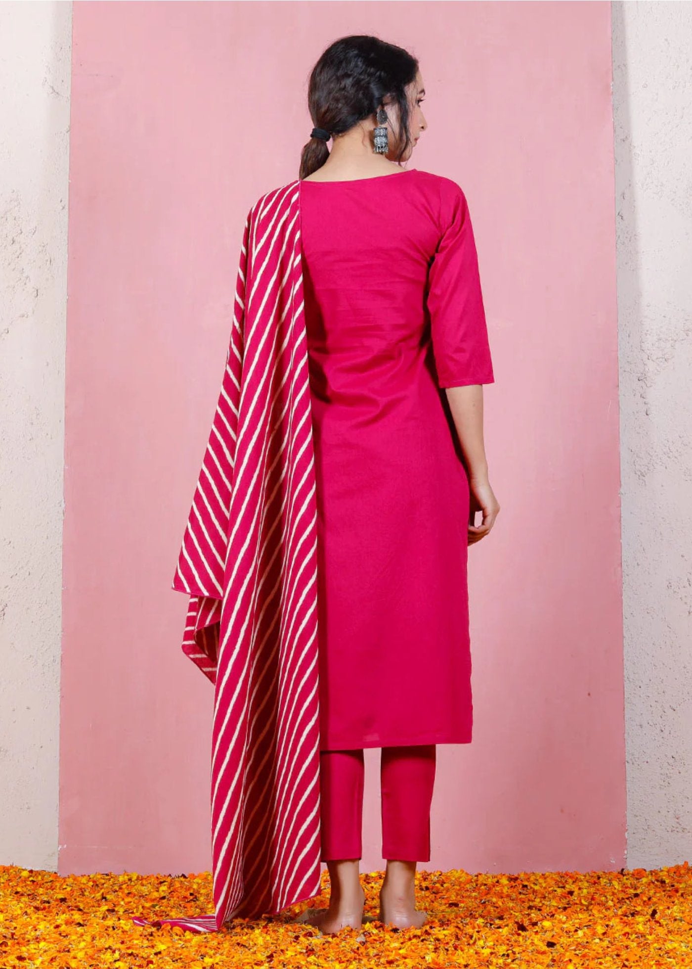 Women Silk Coral Kurta Pant Dupatta Set